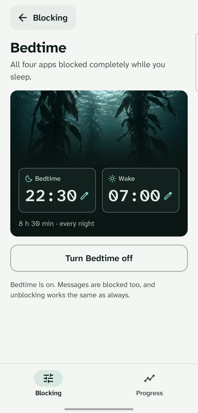 Holdfast's Bedtime page: all four apps blocked from 22:30 to 07:00 every night.